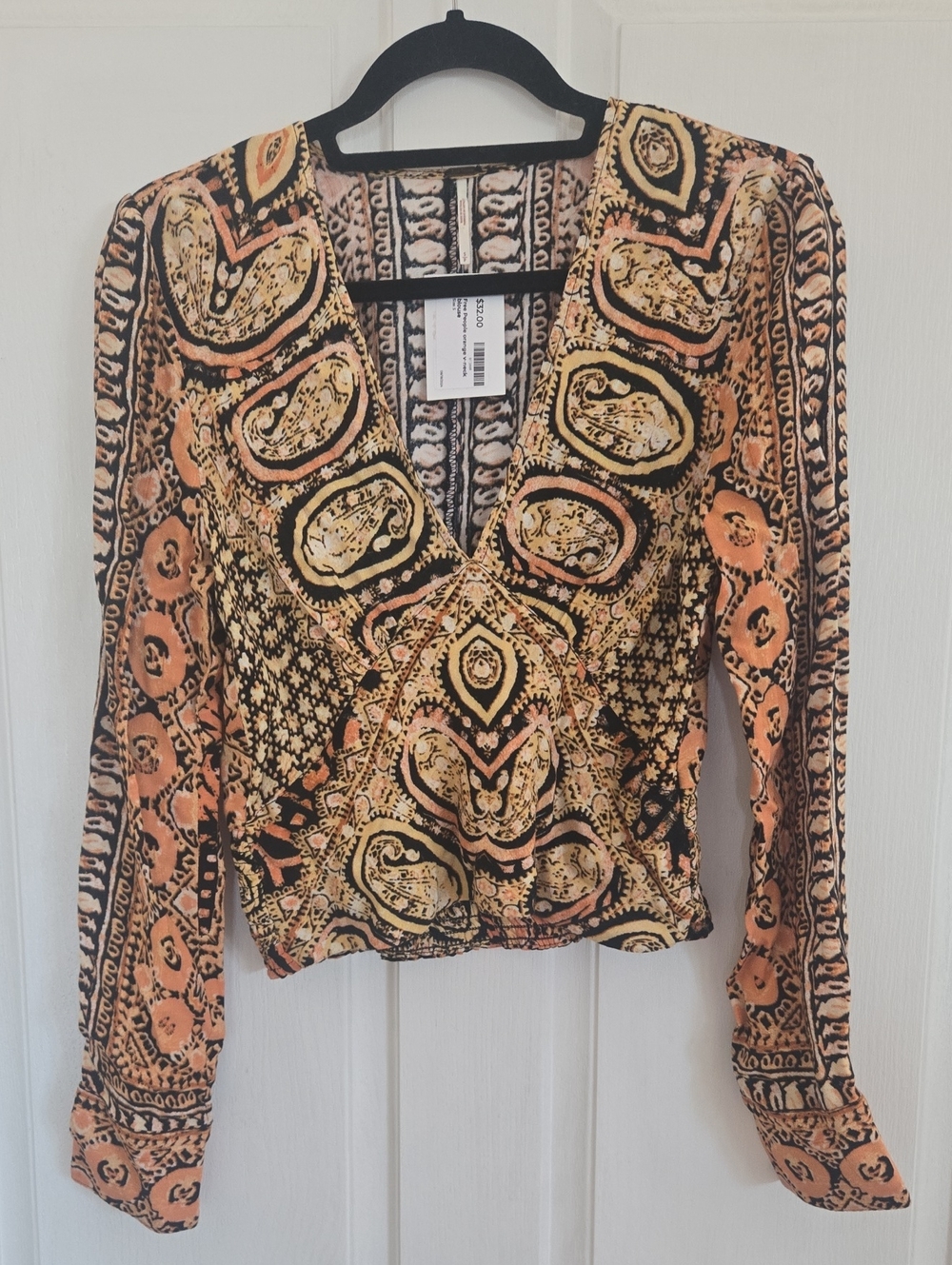Free People Peach and Black Printed V-Neck Long Sleeve Top